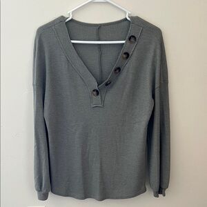 Amazon Olive Green Waffle Knit Long Sleeve Top with Button Accent